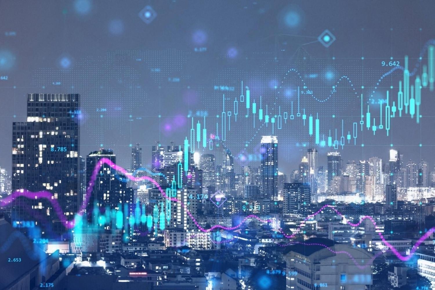 Dubai skyline at night with financial charts, representing financial sanctions and currency flow restrictions