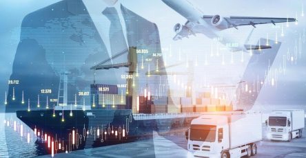 Global shipping, air cargo and trucking overlaid with trade data, representing sanctions impact on UAE international trade