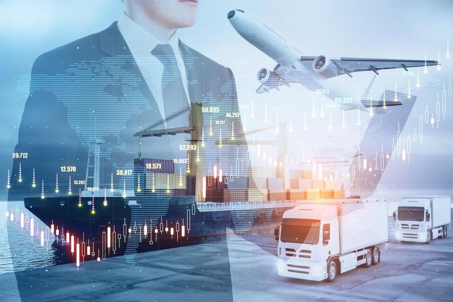 Global shipping, air cargo and trucking overlaid with trade data, representing sanctions impact on UAE international trade