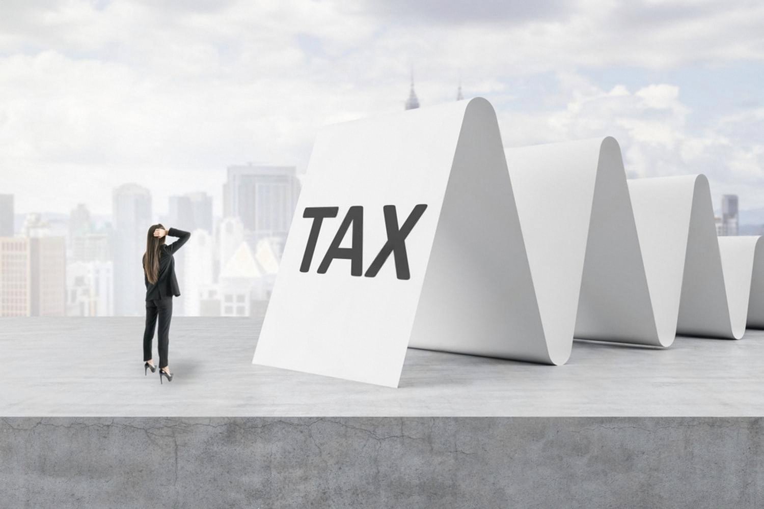 Businesswoman facing tall tax and compliance barriers, symbolising the cost of sanctions compliance
